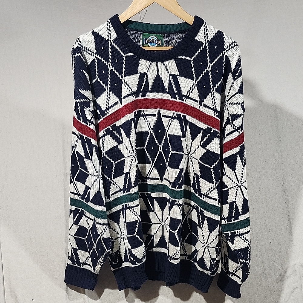 Vintage Jantzen Made In USA Blue‎ & White Crewneck Nordic Sweater Men Size XL